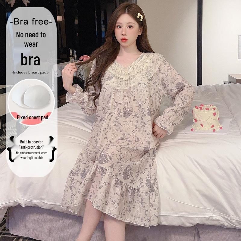2025 V-Neck Pearl Cotton Long Sleeve Nightgown with Chest Pad – Spring/Autumn Oversized Sleep Dress for Indoor/Outdoor Wear