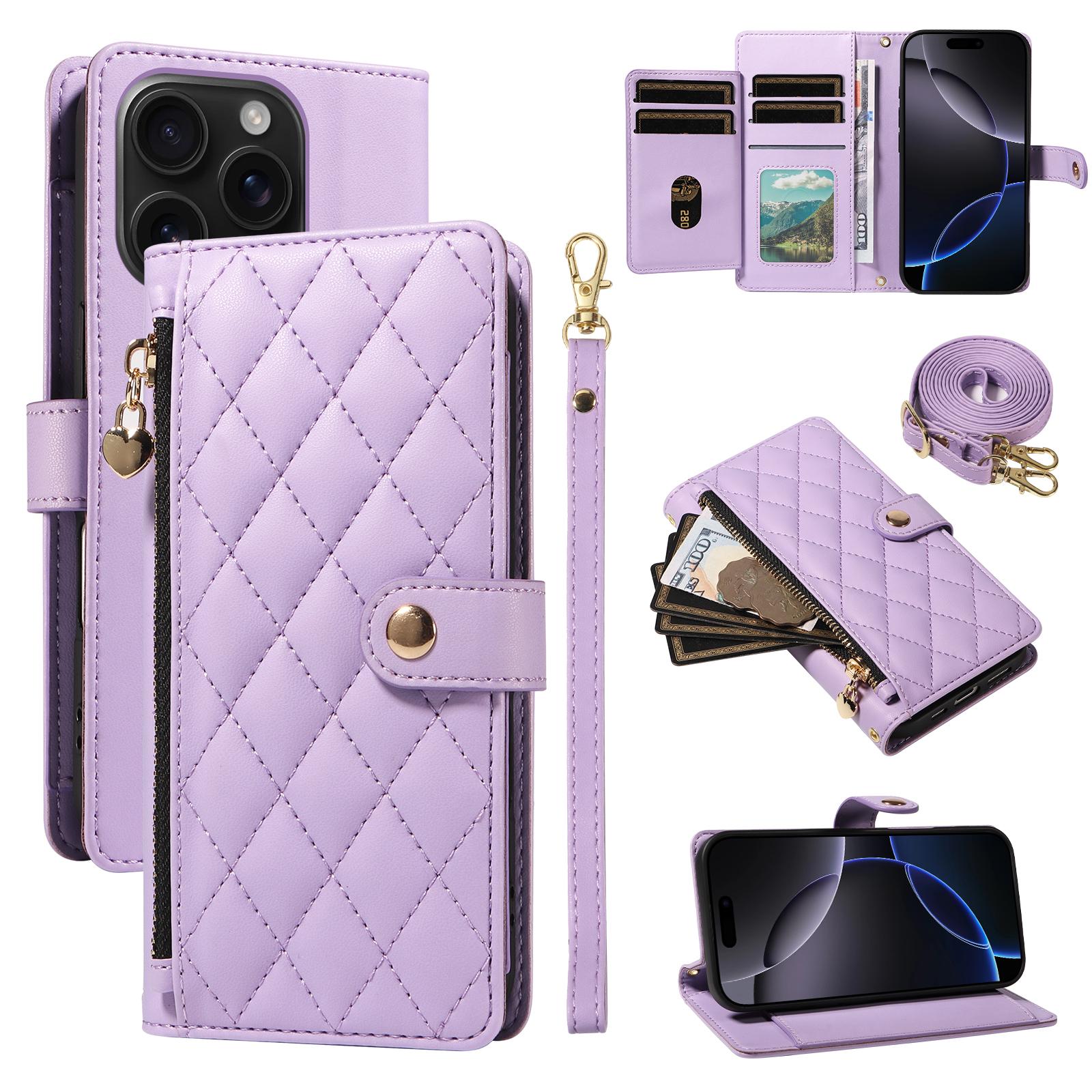

For iPhone 16 Pro Wallet Case with Straps,Rhombus Leather Stand Phone Cover Purple