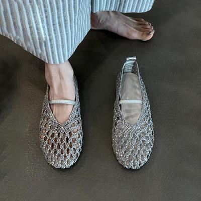 Gewebte Schuhe Perforierte Atmungsaktive Flache Sandalen Damen Flachmündig Einteilig mit Runder Zehenpartie