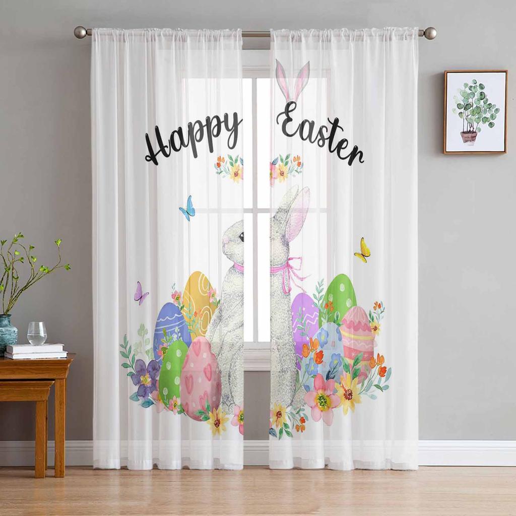 Easter Eggs Grass Rabbit Ears Sheer Tulle Window Curtains For Living Room Bedroom Kitchen Veiling Curtain Home Decoration