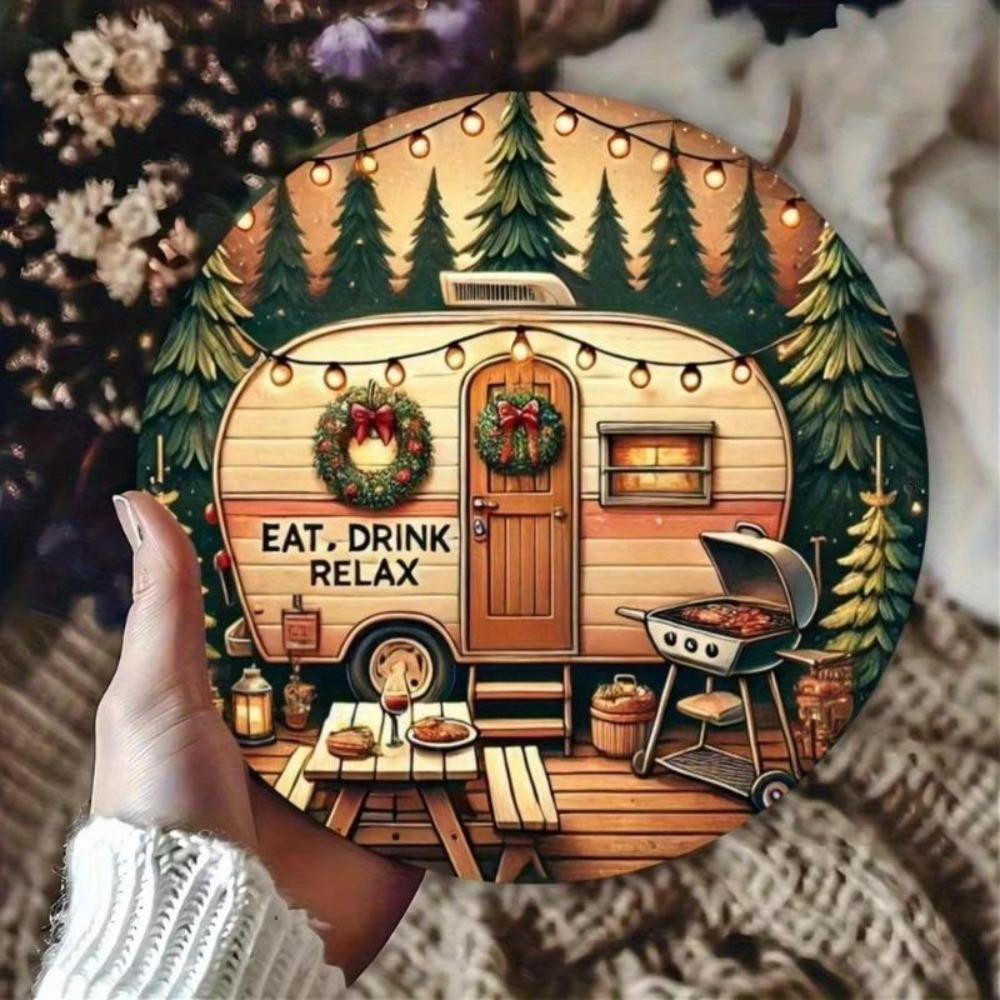 Vintage Metal Tin Sign Rustic Camping Car Wall Decor 8 Inch Round Retro Home Art