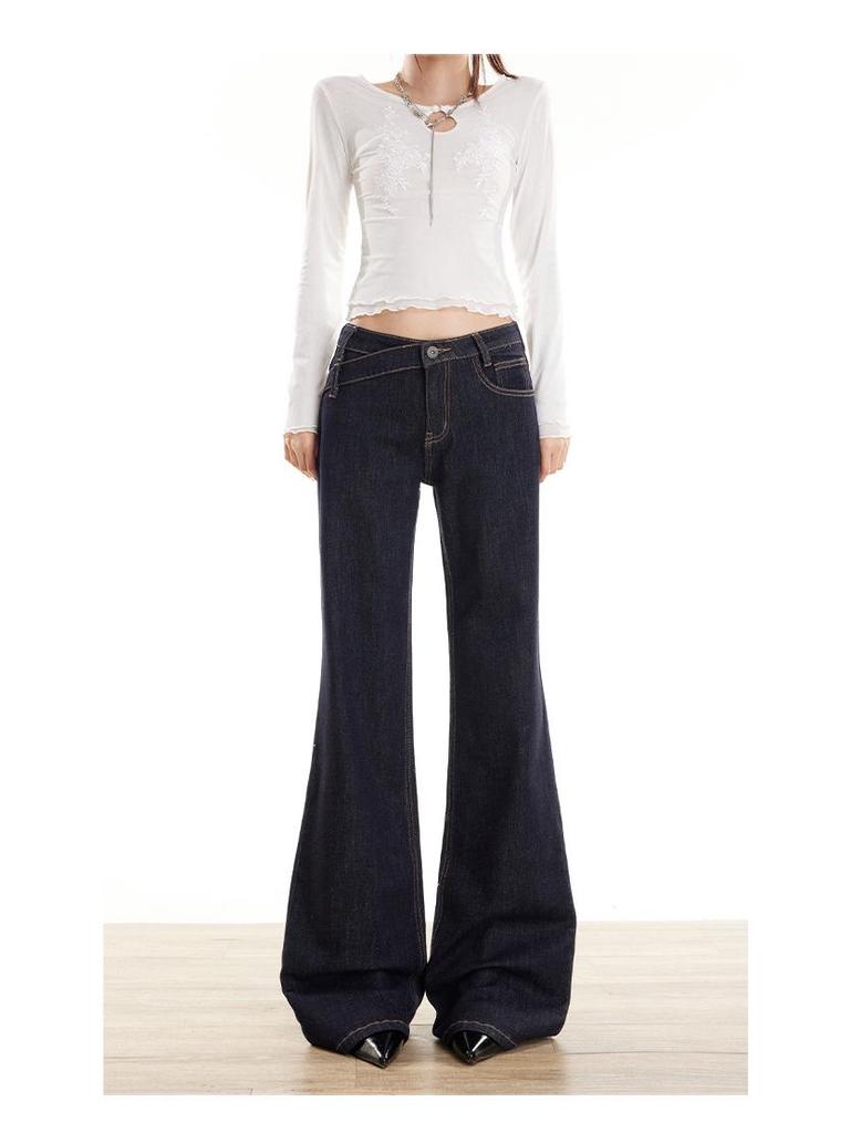 Retro Anti-Fade Denim Blue Low-Rise Micro-Flare Jeans with Irregular Design