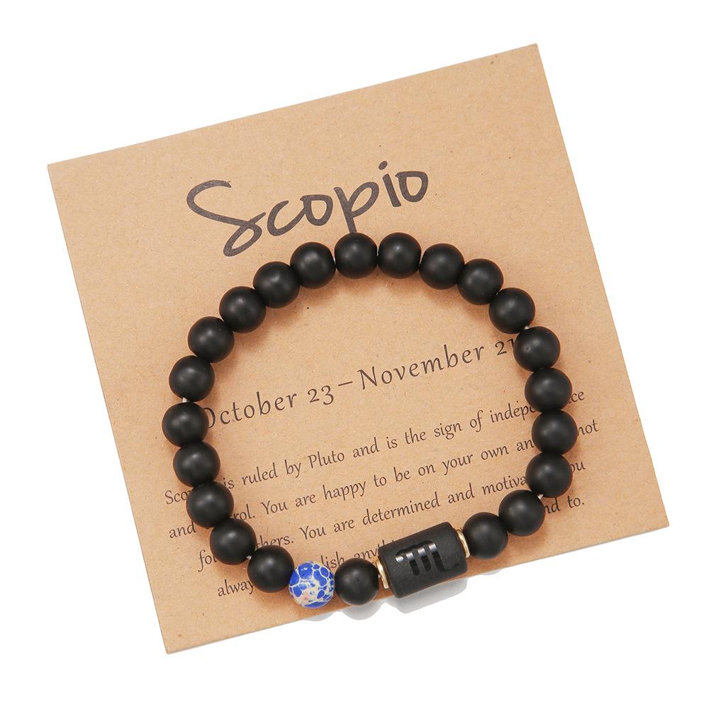 Black Matte Agate Beaded Bracelet with Zodiac Signs - Elastic Buddhist Couple Design