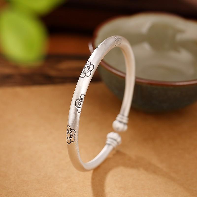 Vintage Floral Open Cuff Bracelet With Plum Blossom Motif Silver-Plated Copper Handcrafted Chinese Style Copper-plated Silver
