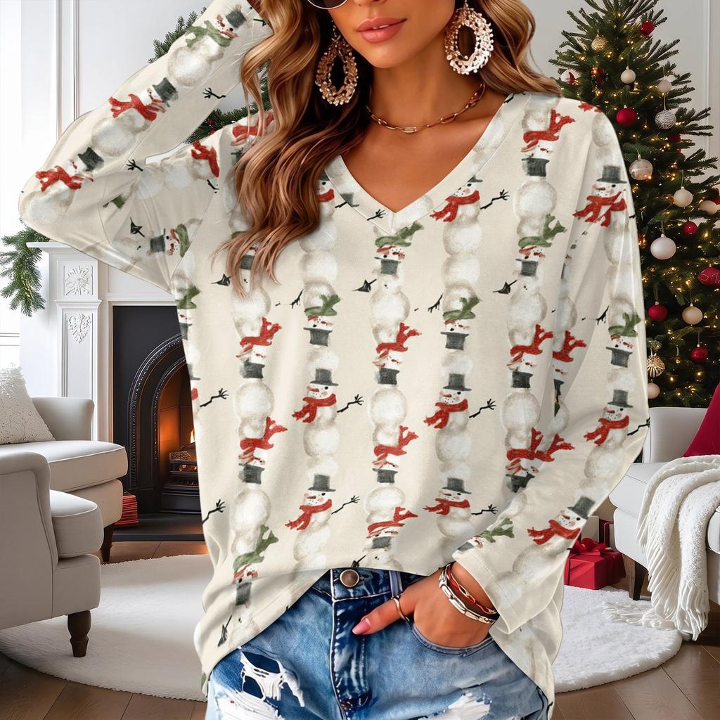 Women's V-Neck Long Sleeve Lightweight Top with Christmas Print for Spring and Summer