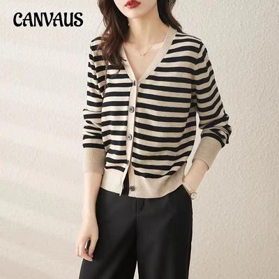 Spring and Autumn Women's Casual Loose Knitted Cardigan Gentle Wind V-neck Striped Long-sleeved Thin Jacket