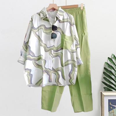 Women's Stripe Two Piece Outfit Lapel Button Long Sleeve Down Shirt Blouse