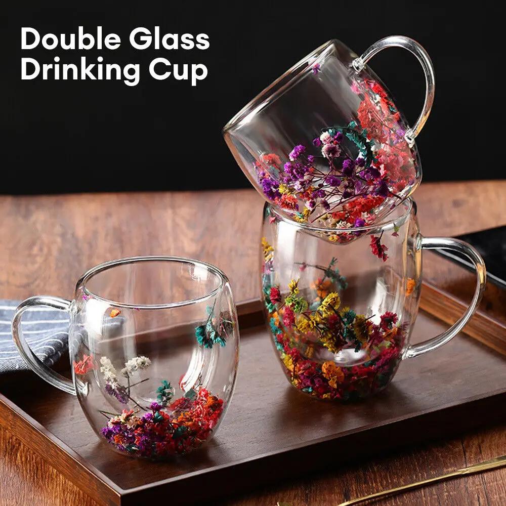250/350Ml Fillings Dry Flowers Double Wall Glass Cup with Handle Heat Resistant Tea Coffee Mug Cups Espresso Milk Mug Gift