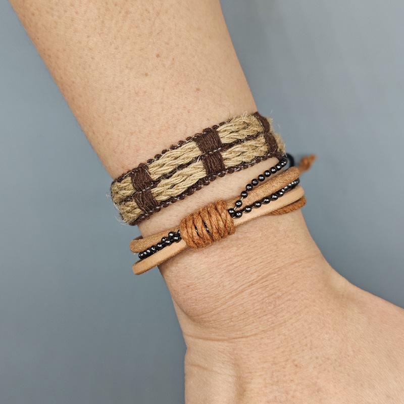 Vintage Mori-Style Braided Leather & Coconut Shell Bracelet Set - Adjustable Hemp Rope, Unisex, 4 Pieces
