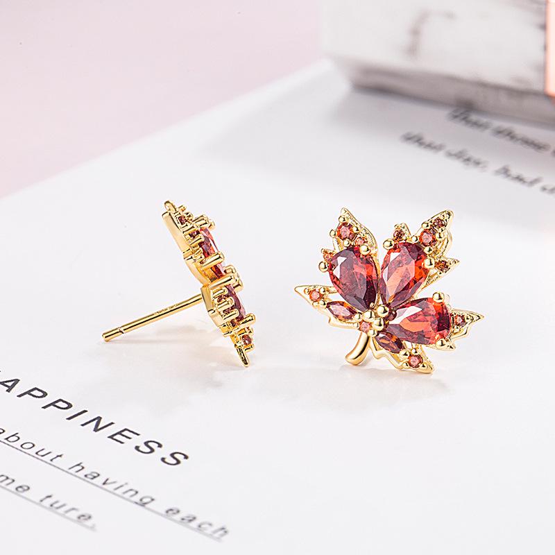 Boucles d'oreilles Feuille d'érable Zircon Rouge Automne - Tendance Nouvel An 2023