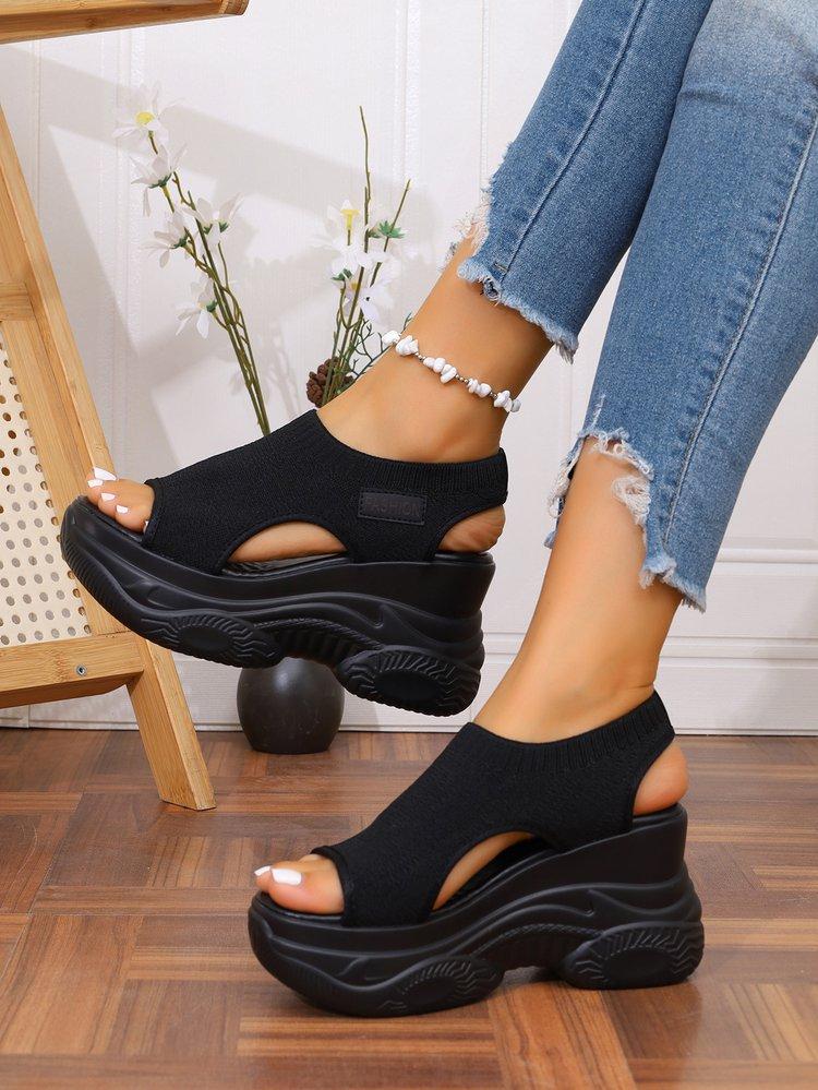 

Модные женские сандалии на танкетке, из эластичной ткани и парусины, дышащие сандалии, модные повседневные спортивные сандалии для женщин, сандалии на платформе 36 чёрный