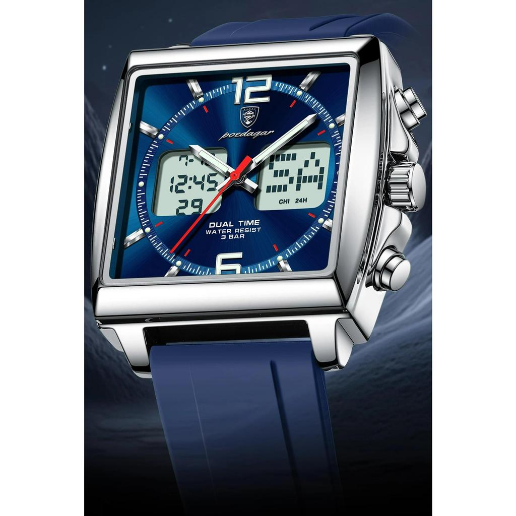 POEDAGAR Luxury Man Watch Electronic Square LED Alarm Chronograph Men's Watches Week Date Dual Time Display Men Quartz Clock