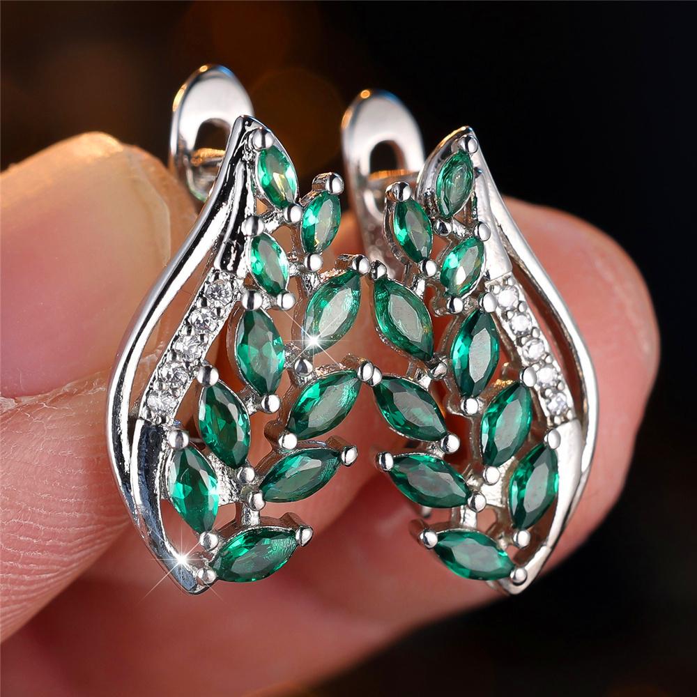 Cute Female Green Crystal Zircon Wheat Hoop Earrings For Women Silver Gold Color Wedding Jewelry