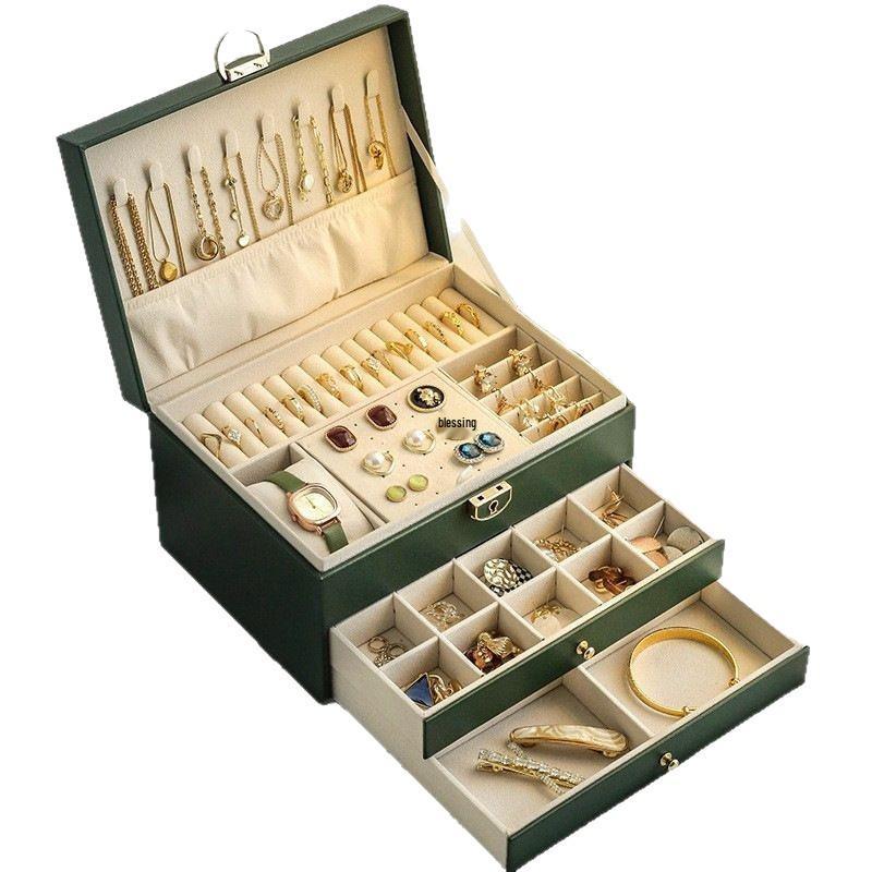Luxury Layered Leather Jewelry Box - Large Capacity, Multi-Drawer Storage for Necklaces and Earrings