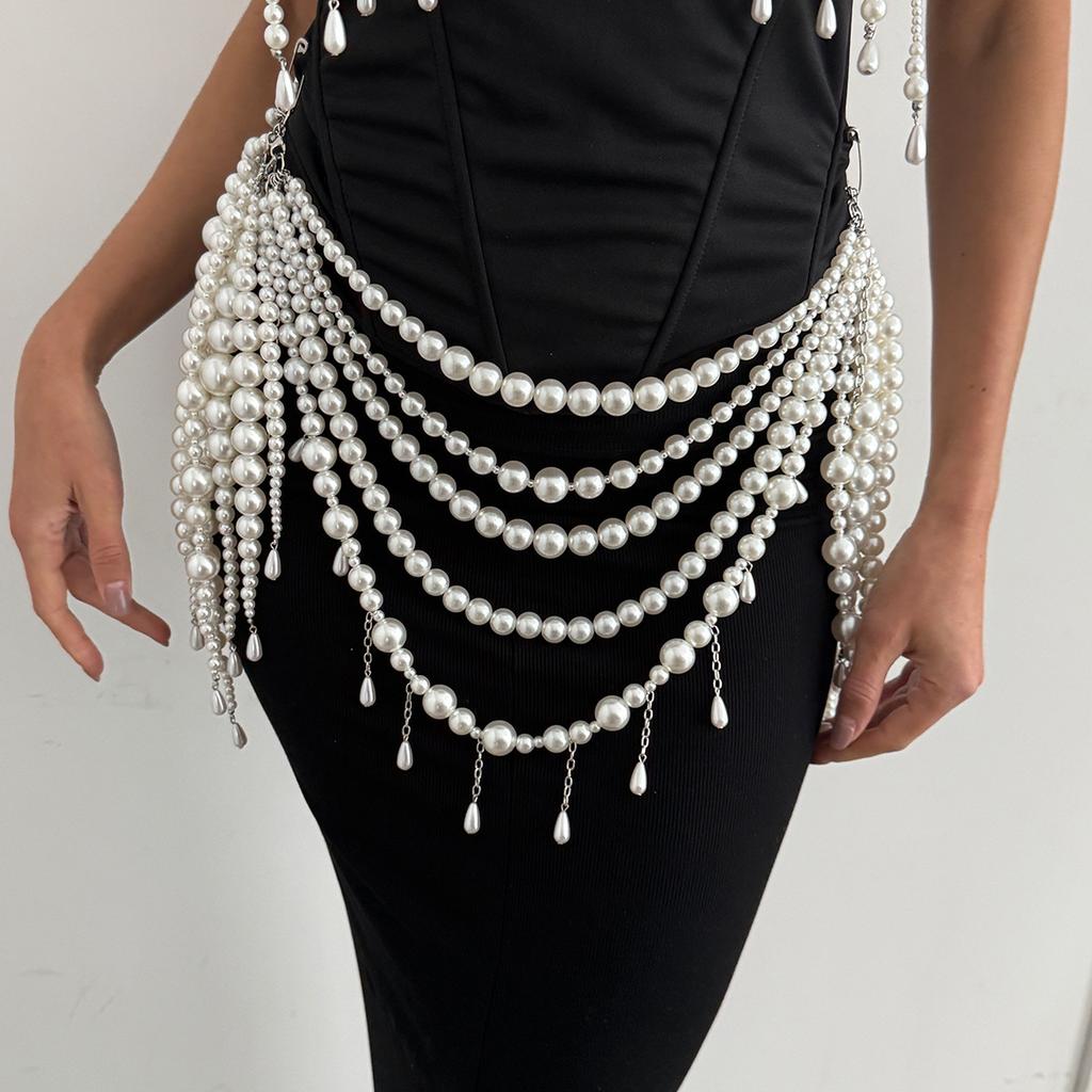 Sexy Pure Style Imitation Pearl Double Waist Chain Women'S, Fashion Metal Chain Bikini Body Chain