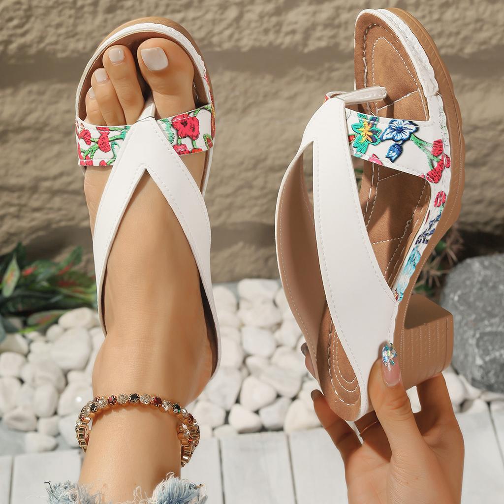 Fashion Women Peep Toe High Heels Sandals Summer Gladiator Shoes Chunky Heel Platform Women Sandals Flower Printing Ladies Heeled Shoes