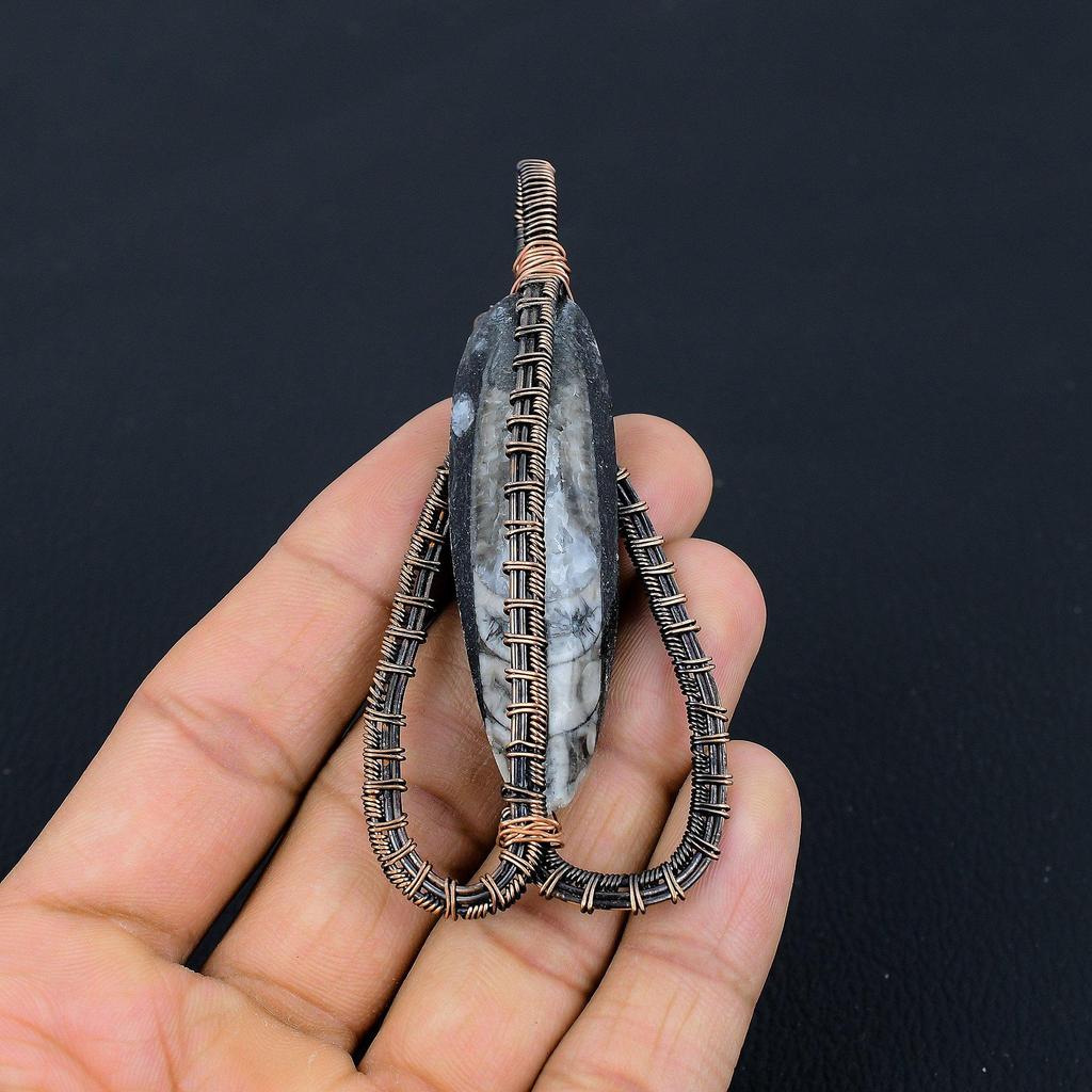 Orthoceras Fossil Jewelry, 999 Copper Wire Wrapped Pendant Handmade Gemstone Jewelry, Gifts For Wedding Pendant