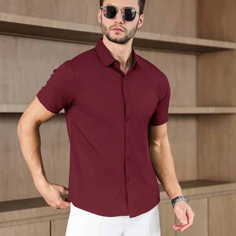 

Мужская рубашка с коротким рукавом, однотонная, в стиле business casual, для летней моды, не требует глажки, удобный и универсальный топ XS красный