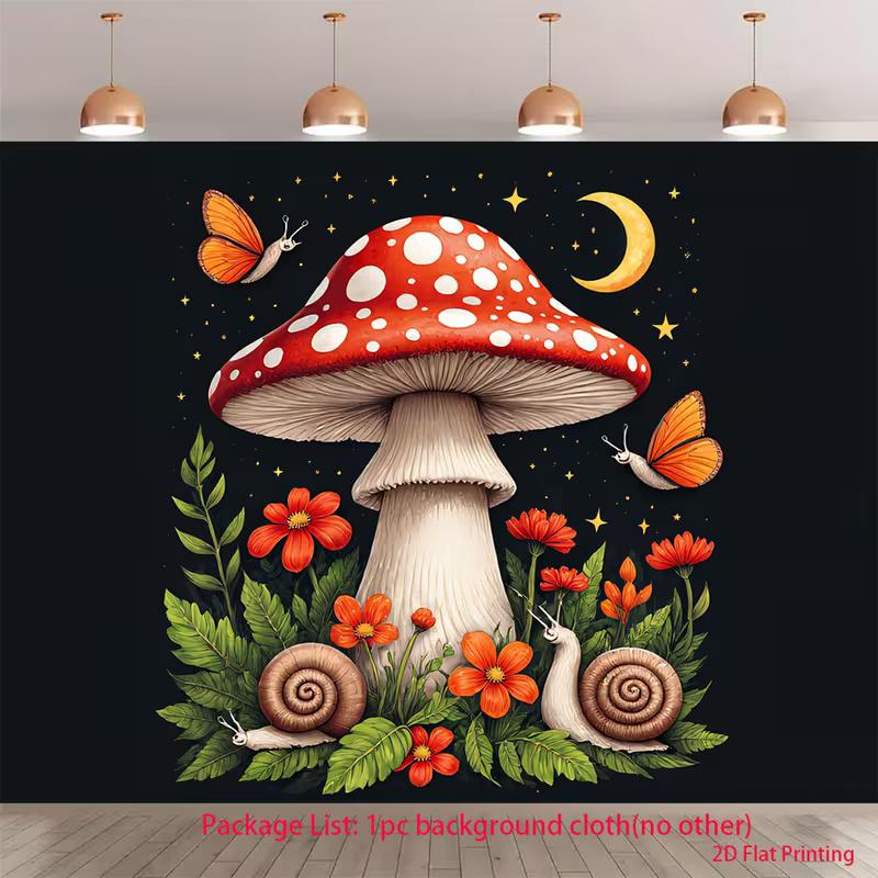 2D Mushroom Tapestry Wall Hanging, Red Spotted Mushroom with Snails & Butterflies 47.2x31.5inch/120*80cm