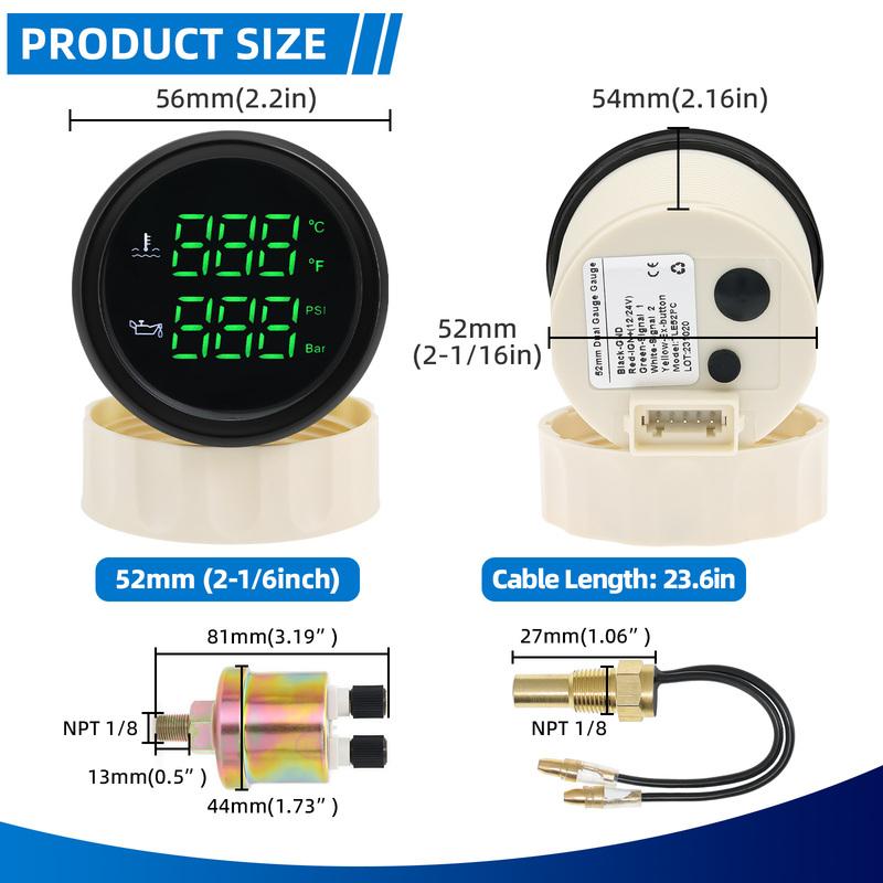 52mm Gauge 2 IN 1 Oil Pressure +Oil Temperature Gauge Red Green LED Oil Press Oil Temp Sensor for Car Boat 12V 24V