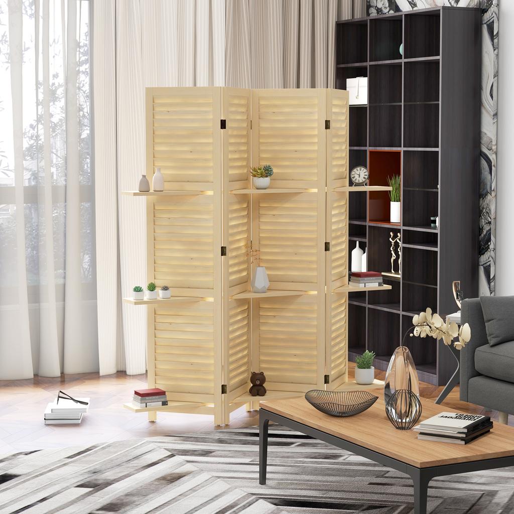 Indoor Room Divider 4 Panels 160L x 170H cm 3 Shelves Foldable Room Separator Louvred Doors Natural