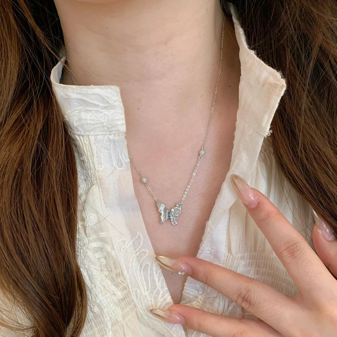 Paraiba Diamond Brushed Butterfly Pendant Necklace Niche Design Diamond-Encrusted Butterfly Bracelet Temperament Fringed Stud Earrings Women