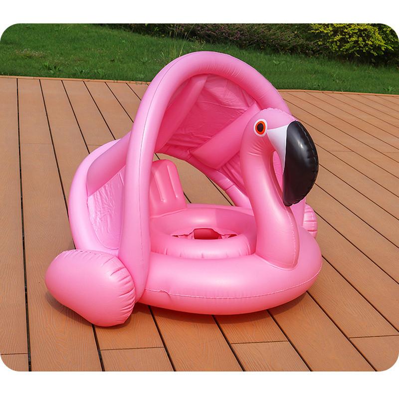 Inflatable Flamingo Seat Ring With Canopy Sunshade Cover Water Play Toy For Kids