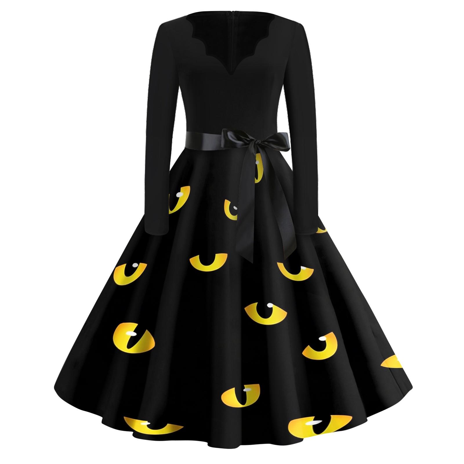 Women s Casual Vintage Halloween Dress V Neck Long Sleeve Bat Print A Line Skirt Retro Style Belted Waist Swing Dress S зелёный