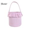 Trick or Treat Baskets Halloween Basket, Plaid Ruffle Candy Bucket with Handle Bags for Kids Kids, Reusable Gingham Fabric Storage Basket Party Favors
