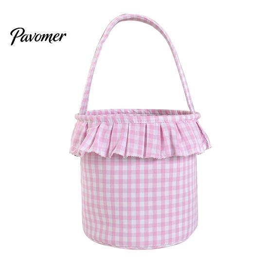 Trick or Treat Baskets Halloween Basket, Plaid Ruffle Candy Bucket with Handle Bags for Kids Kids, Reusable Gingham Fabric Storage Basket Party Favors