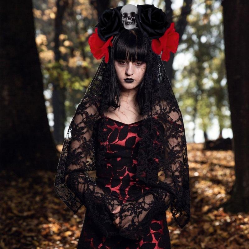 Rose Witch Costume Hair Hoop Gothic Dark Flower Skull Hair Styling for Live Show Headband Gothic Carnivals