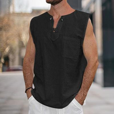 Débardeur d'été pour hommes, col en v, sans manches, couleur unie, avec poches plaquées, t-shirt, Streetwear, été