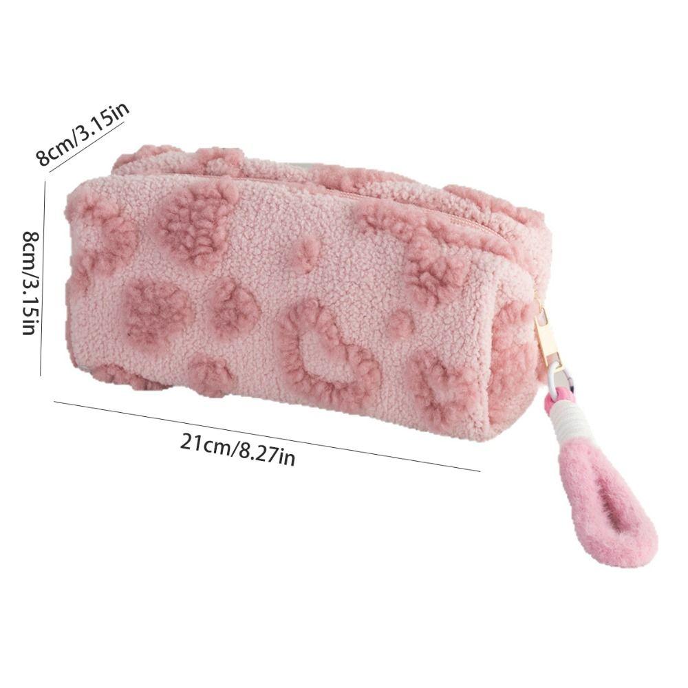 Kawaii Berber Fleece Pencil Case Lifting Rope Love Heart Pattern Pencil Pouch Large Capacity Pen Bag Student