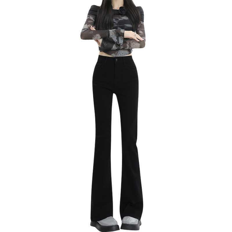Women's High-Waisted Black Stretchy Slim Micro-Flare Jeans with Velvet Lining