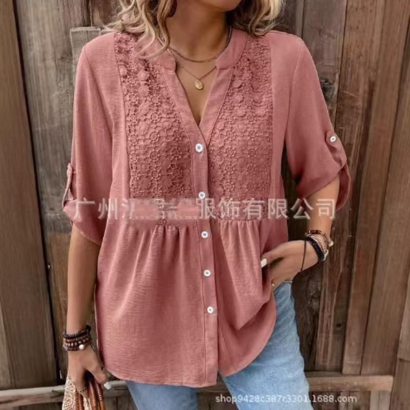 Plus Size Women S Lace Splice V Neck Long Sleeve Shirt
