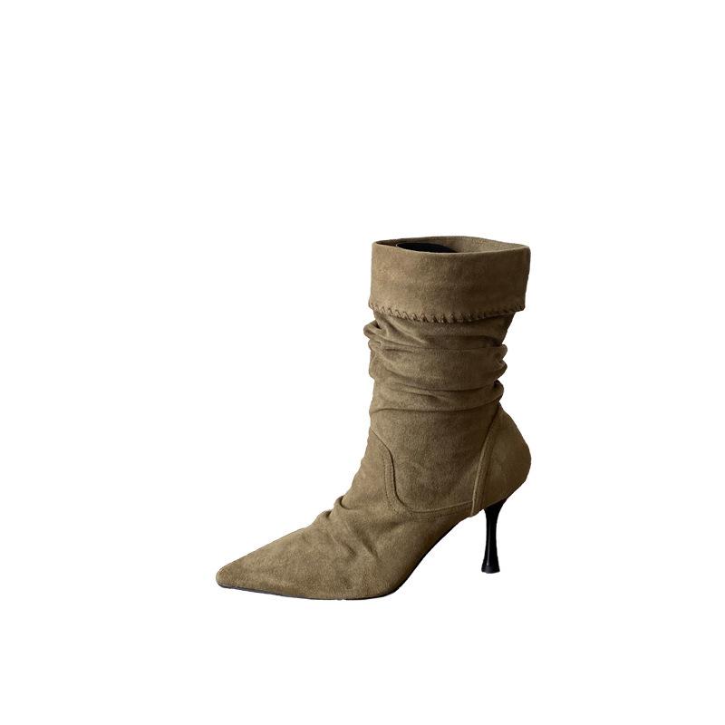 2025 autumn and winter new European and American suede pointed heel high heel temperament French fashion sexy beautiful women medium boots