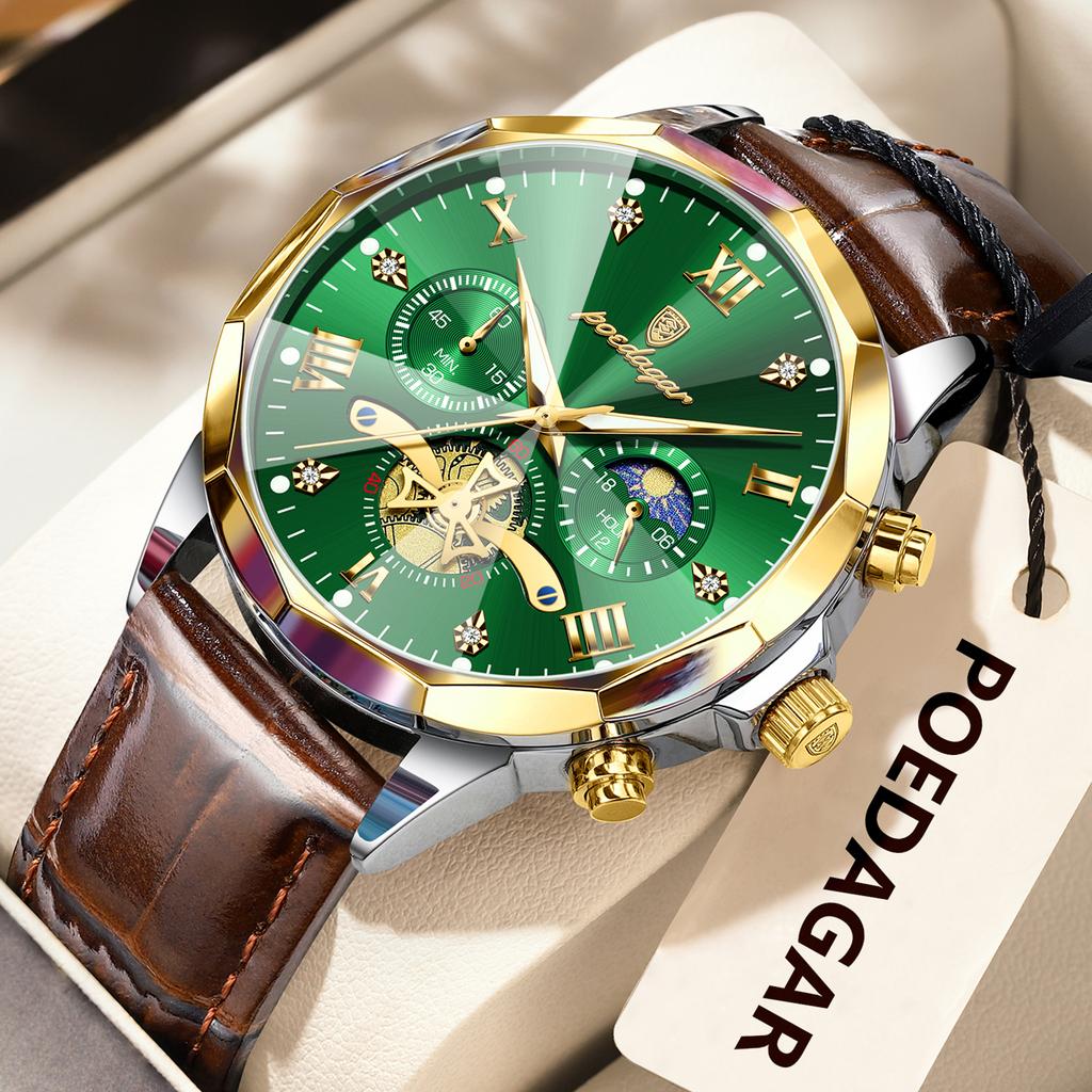 Luxury Men Wristwatch Quartz Waterproof Luminous Moon Phase Chronograph Leather Man Watch Male Reloj