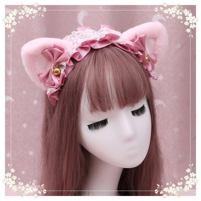 Handmade Kawaii Japanese Lolita Cat Ear Headband With Lace Plush Trim Girls Women