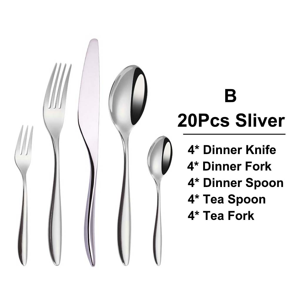 6/16/20/24Pcs Sliver Tableware Stainless Steel 304 Cutlery Set Mirror Fork Spoon Western Dinner Set Smooth Handle Flatware4
