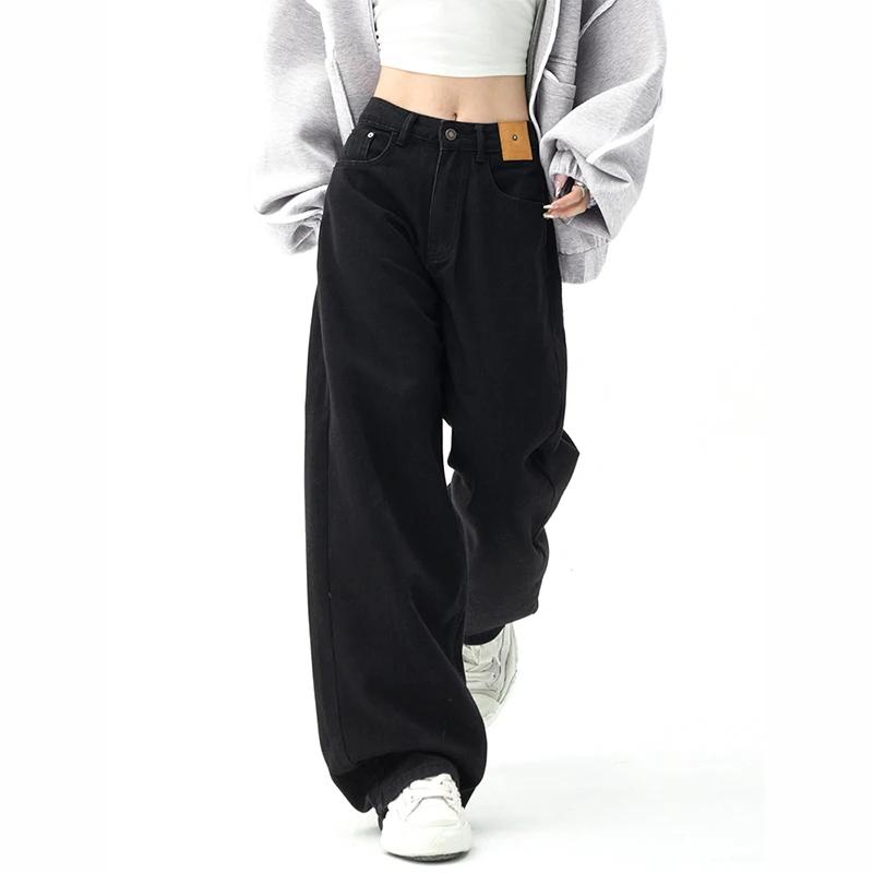 Čierne široké rovné džínsy Ženy Kórejská móda Streetwear Vysoký pás Široké nohavice Denim Nohavice Dámske Voľné Mopping Jean Nohavice Y2K XL čierna