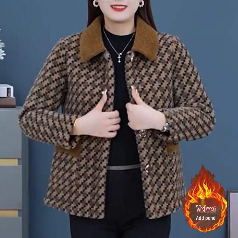 Stylish Fleece-Lined Plaid Jacket for Middle-Aged Women - Elegant Autumn/Winter Outerwear