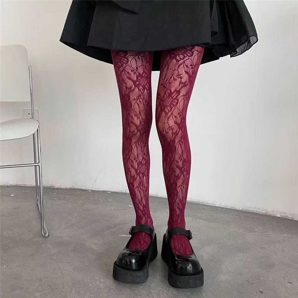 Retro Floral Jacquard Fishnet Stockings, Y2K Black Anti-Snag Stockings for Women