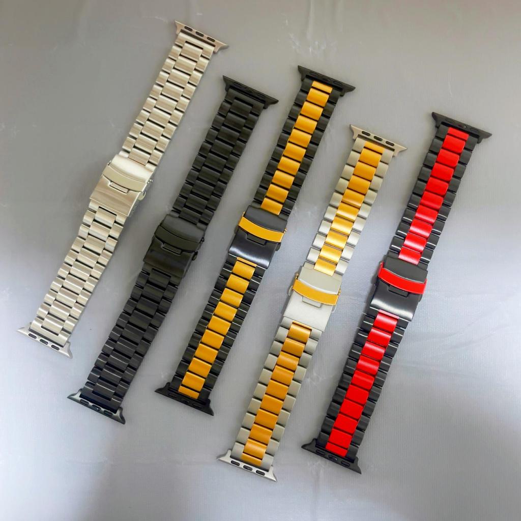 Three-Bead Steel Band Buckle Strap for Apple Watch, Compatible with All iWatch Generations, Stainless Steel.