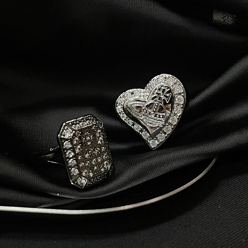 Planet Saturn Full Of Diamonds Love Open Ring Dark Retro Personality Square Full Of Diamonds Zircon Niche Ring Woman