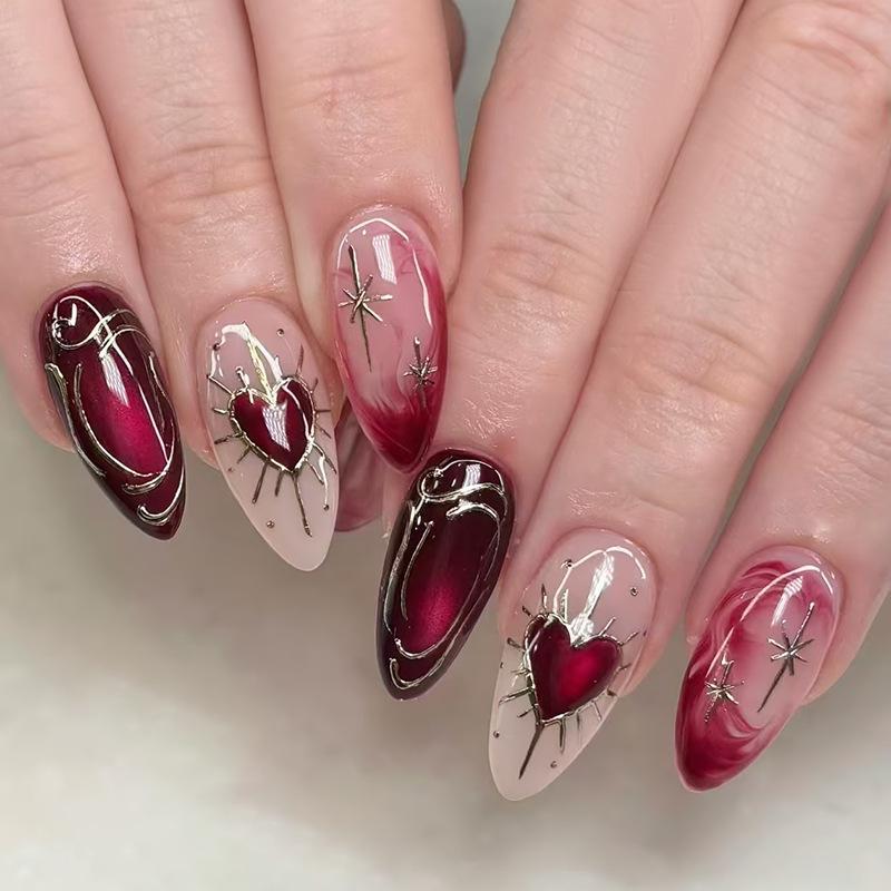 24PCS Almond with Ethereal Cat Eye Gilt Press on Nails Icy Clear Shiny French Metallic Lines Design False Nails Light Luxury