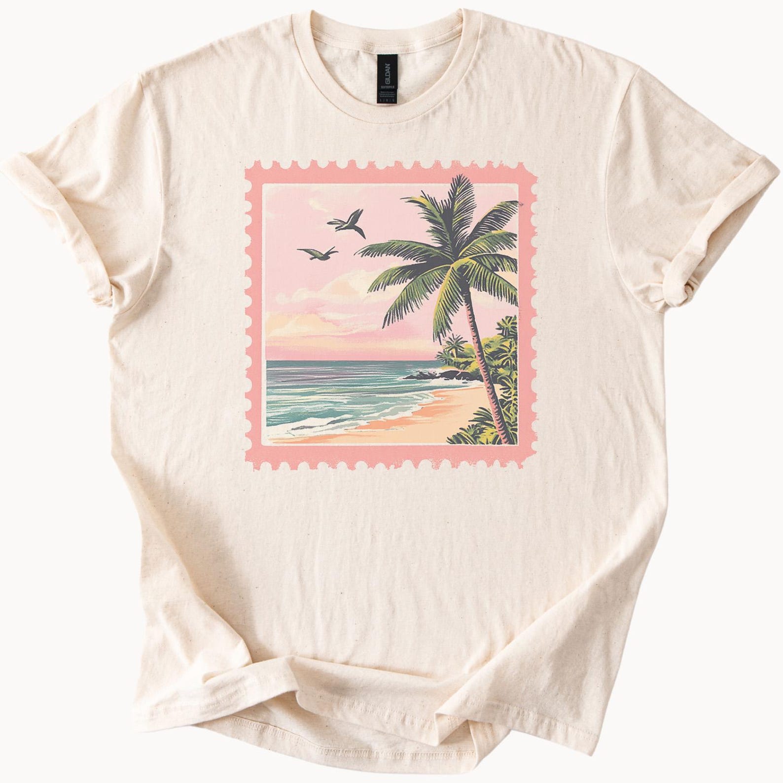 Palm Tree Beach Sunset Graphic T Shirt Ocean Waves Coastal Art Summer Tropical Scene Relaxed Fit Soft Tee Gift for Nature Lovers 150