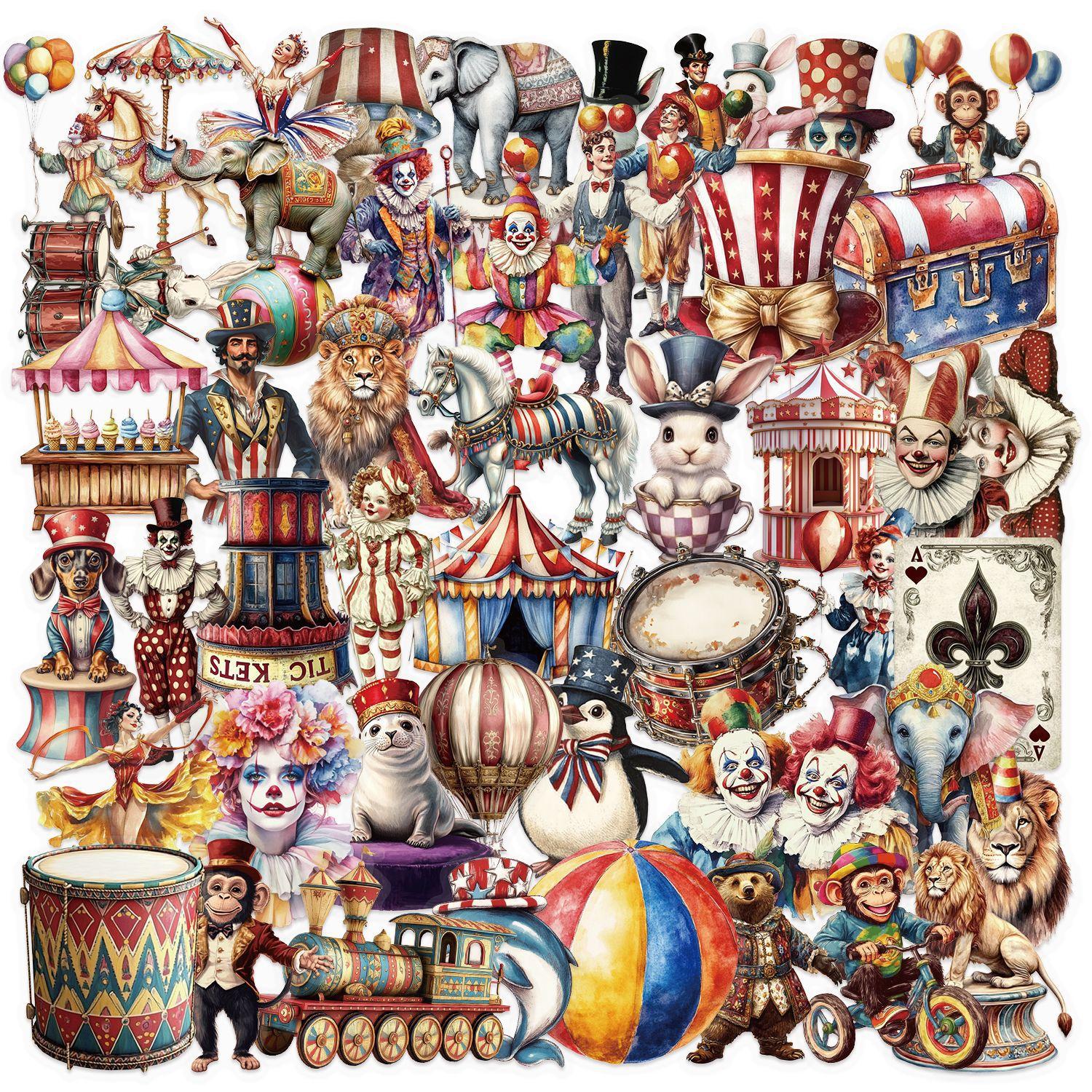 

100PCS Transparent PET Cartoon Circus Stickers Waterproof Decorative Guitar Notebook Stationery Stickers Pack