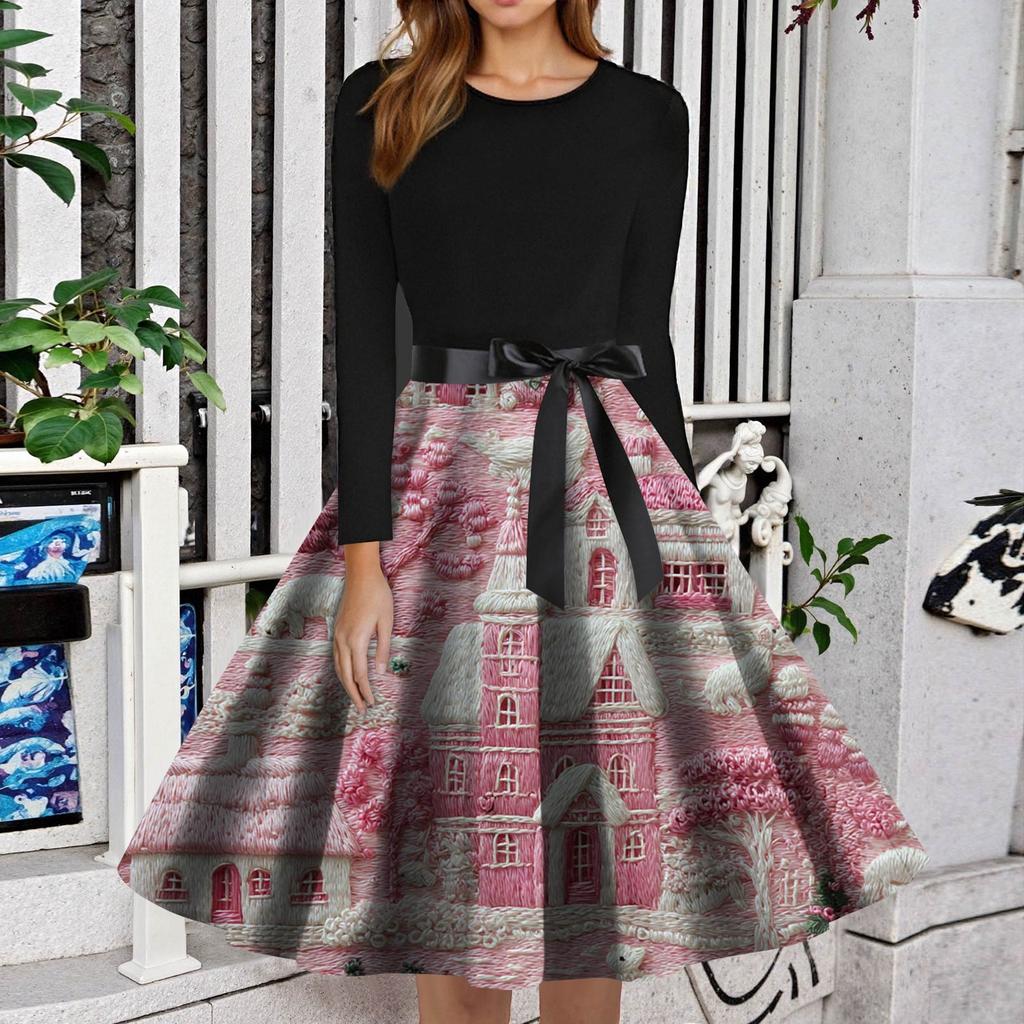 Dame Mote Rund Hals Slim-Fit Juleprint Langermet Kjole