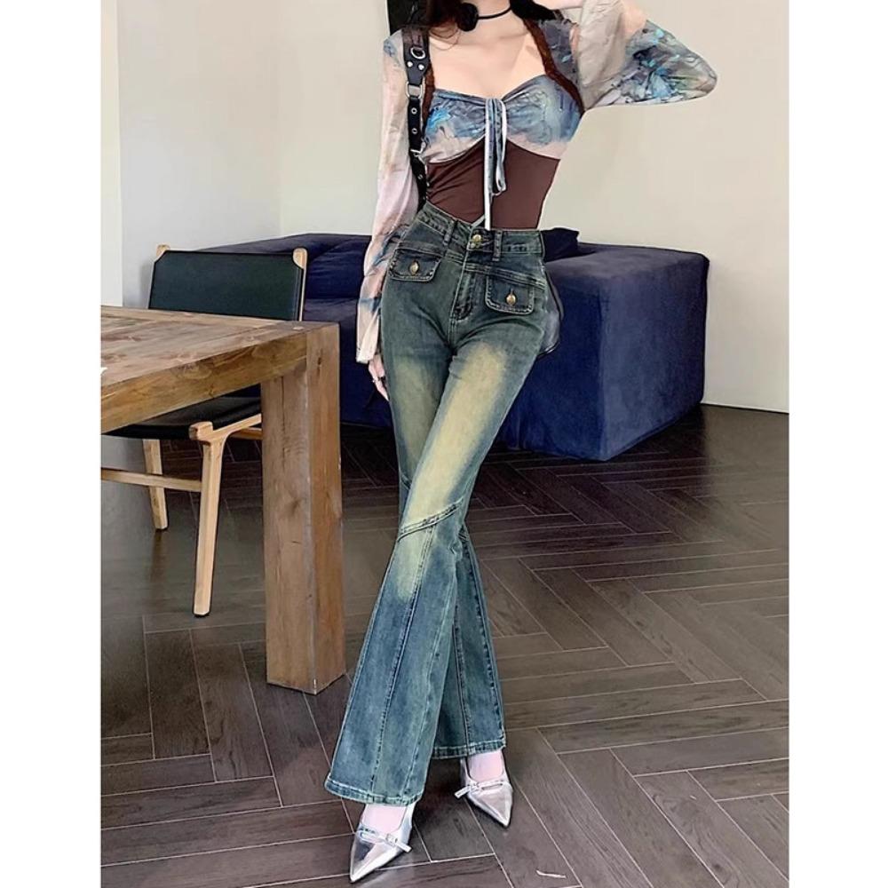 

Американские ретро вареные джинсы микро-пулл Spice Girl женские с высокой талией новые весенне-осенние джинсы-клеш до пола тренд XL