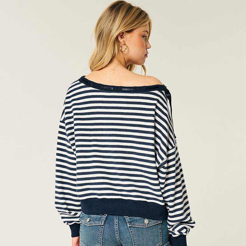 European American Retro Style Bow-Decorated One-Shoulder Striped Women's Hoodie